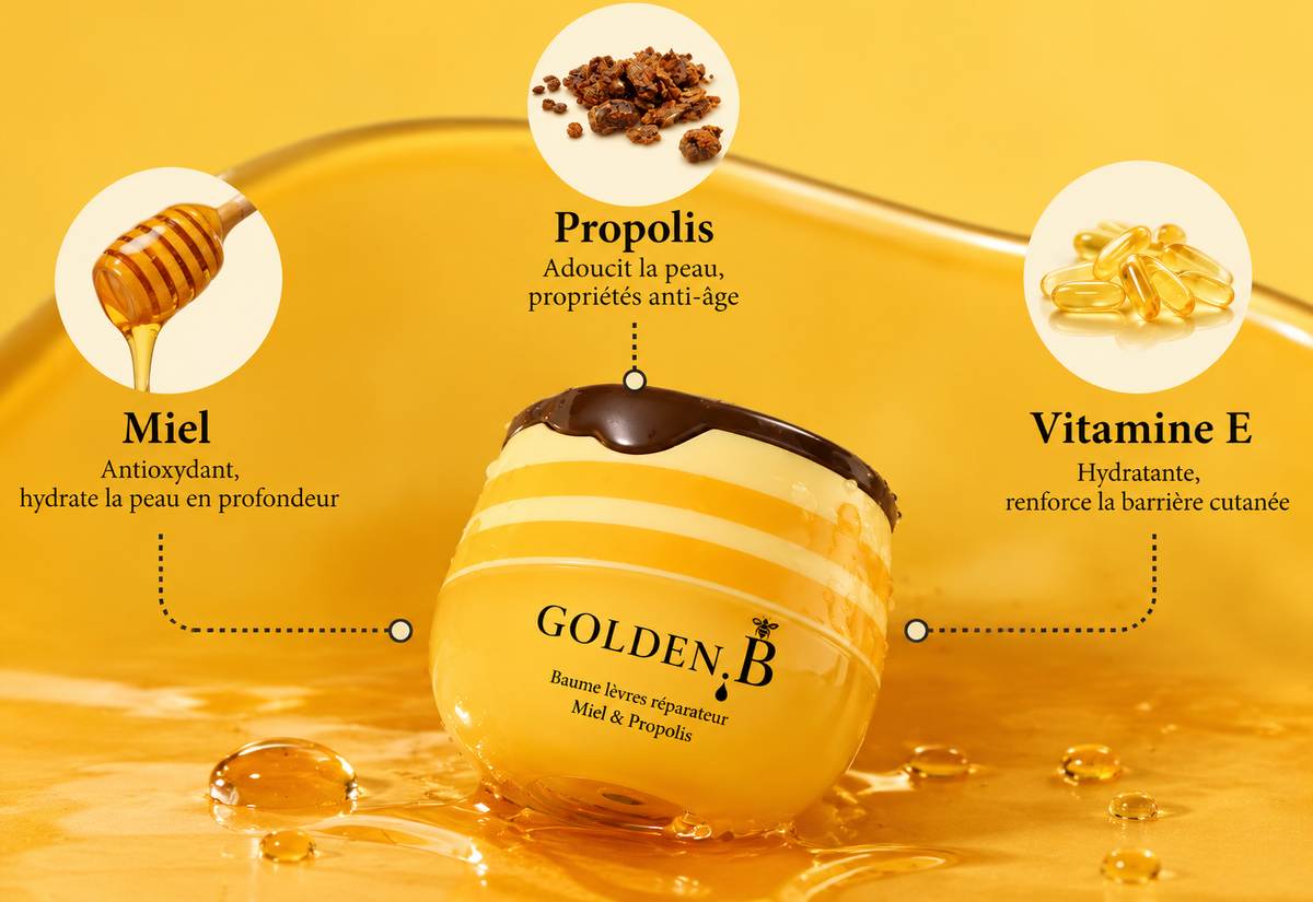 Soin levres Golden.B ingredients miel propolis vitamine E
